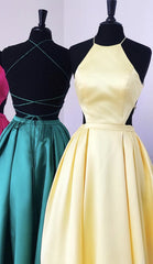 Halter Prom Long Satin Gown Dresses Lace Up Back