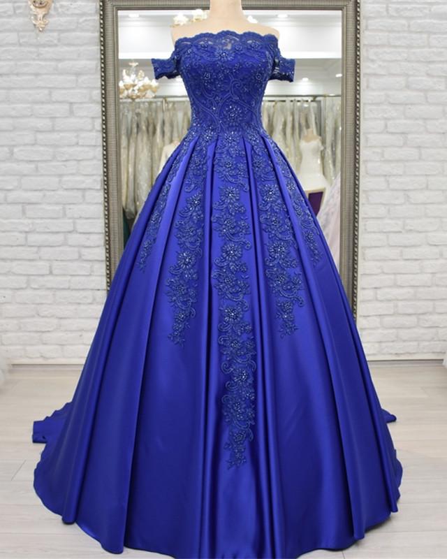 Off Shoulder Long Satin Evening Dresses Lace Embroidery