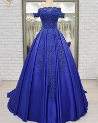 Off Shoulder Long Satin Evening Dresses Lace Embroidery