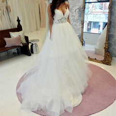 A Line V Neck Ruffles Tulle Princess Wedding Dresses Lace Appliques