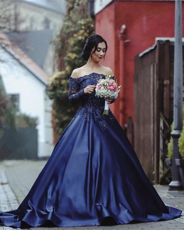 Lace Beaded Long Sleeves Ball Gowns Off Shoulder Wedding Dresses