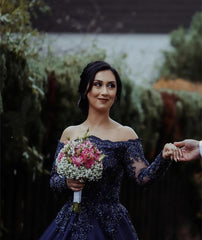 Lace Beaded Long Sleeves Ball Gowns Off Shoulder Wedding Dresses