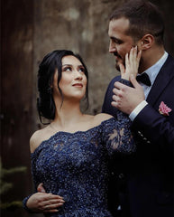 Lace Beaded Long Sleeves Ball Gowns Off Shoulder Wedding Dresses