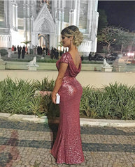 Long Sequin Cap Sleeves Draped Back Mermaid Bridesmaid Dresses