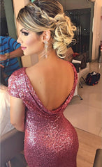 Long Sequin Cap Sleeves Draped Back Mermaid Bridesmaid Dresses
