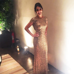 Long Sequin Cap Sleeves Draped Back Mermaid Bridesmaid Dresses