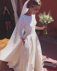 Romantic A-line Long Sleeves Open Back Satin Wedding Dresses 2018