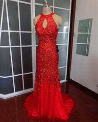 Luxurious Crystal Beaded Halter Mermaid Evening Dresses Leg Split Prom Gowns
