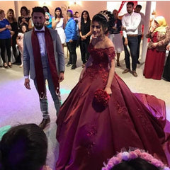 Burgundy Satin Off The Shoulder Wedding Dresses Ball Gowns With Lace Flowers