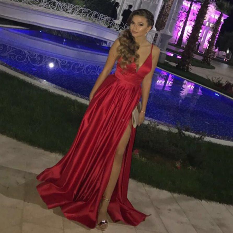 Red Satin Long V-neck Open Back Bridesmaid Dress Leg Split Evening Gowns