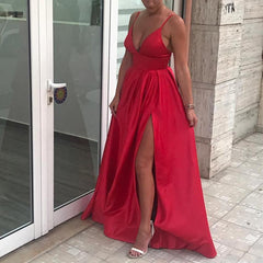 Red Satin Long V-neck Open Back Bridesmaid Dress Leg Split Evening Gowns