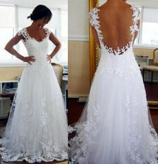A-line Cap Sleeves Nude Back Tulle Wedding Dresses Lace Appliques