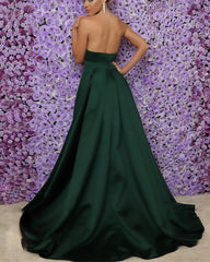 Simple Long Satin V-neck Leg Split Prom Evening Dresses