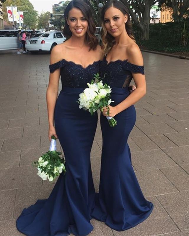 Mermaid Off-The-Shoulder Long Court Train Bridesmaid Dresses Lace Appliques
