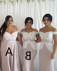 Elegant Lace Off The Shoulder Long Satin Bridesmaid Dresses