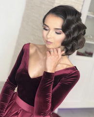Velvet Long Sleeves Satin Prom Dresses Leg Slit Evening Gowns