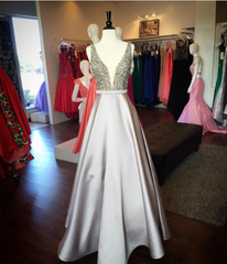 Pearl Beaded V Neck Long Silver Satin Prom Dress Floor Length