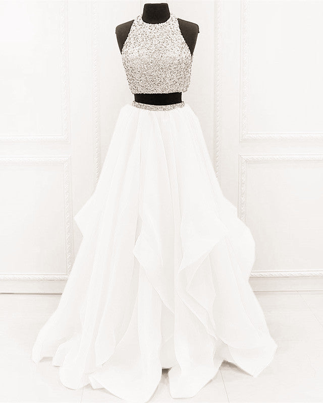Sequined Beaded Top Organza Layered Prom Dresses Two Piece
