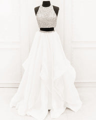 Sequined Beaded Top Organza Layered Prom Dresses Two Piece