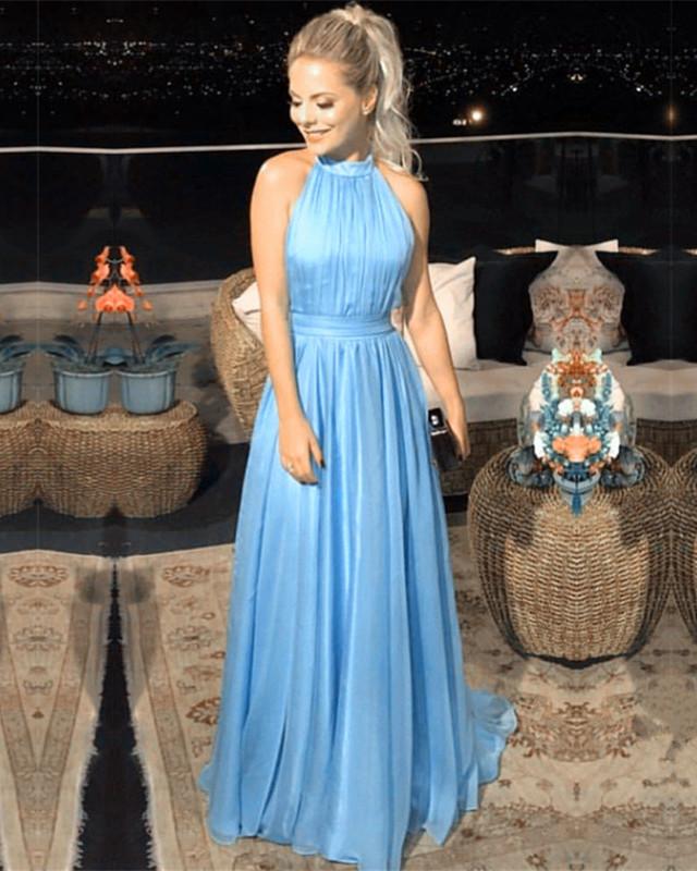 Long Chiffon Open Back Bridesmaid Dresses Halter Top