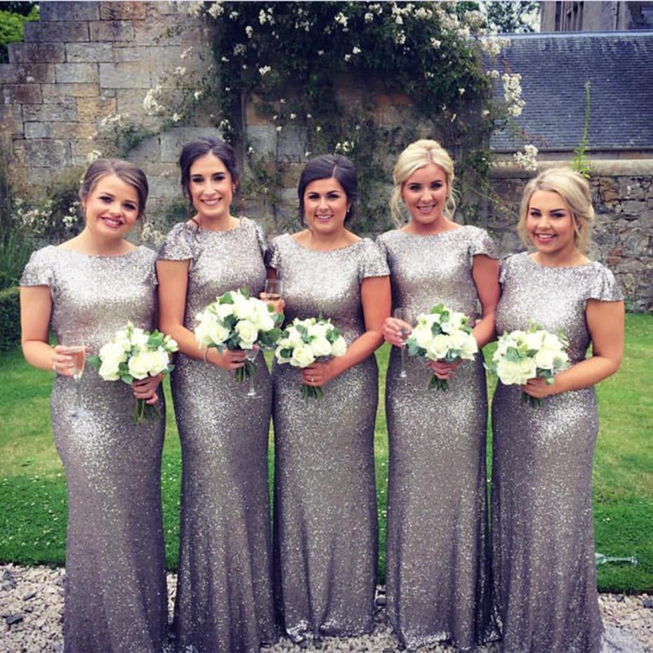 Silver Sequin Cap Sleeves Bridesmaid Dresses Floor Length