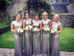 Silver Sequin Cap Sleeves Bridesmaid Dresses Floor Length