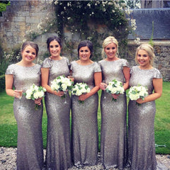 Silver Sequin Cap Sleeves Bridesmaid Dresses Floor Length