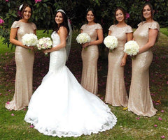 Silver Sequin Cap Sleeves Bridesmaid Dresses Floor Length