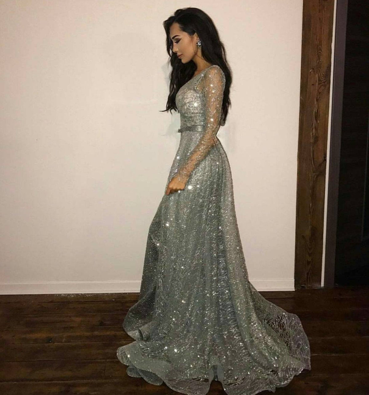 Long Sleeves Silver Sequins Evening Gowns Glitter Prom Dress
