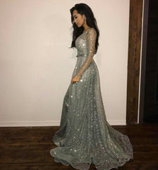 Long Sleeves Silver Sequins Evening Gowns Glitter Prom Dress
