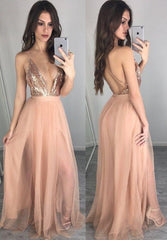 Sparkly Sequins Plunge V-neck Tulle Long Split Prom Dresses 2018