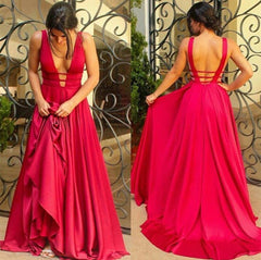 Sexy Plunge V-neck Long Satin Open Back Formal Dresses For Wedding Party