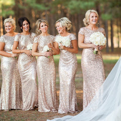 Mermaid Ruffles Back Cap Sleeves Sequin Bridesmaid Dresses