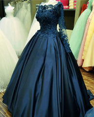 Lace Flowers Beaded Long Sleeves Satin Wedding Dresses Ball Gowns 2017