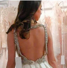 Deep V Neck White Satin Ball Gown Wedding Dresses Open Back