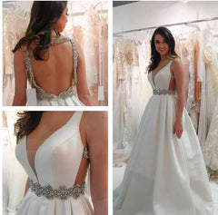 Deep V Neck White Satin Ball Gown Wedding Dresses Open Back