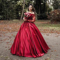 Burgundy Satin Lace Long Sleeves Wedding Dresses Ball Gowns