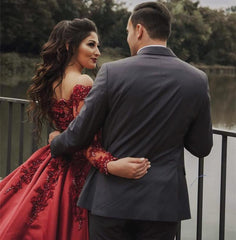 Burgundy Satin Lace Long Sleeves Wedding Dresses Ball Gowns