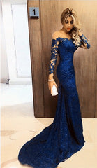 Sheer Neckline Long Sleeves Lace Prom Dresses Mermaid Evening Gowns
