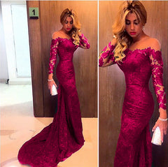 Sheer Neckline Long Sleeves Lace Prom Dresses Mermaid Evening Gowns