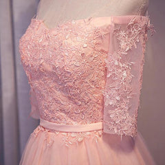 elegant pink lace appliques off the shoulder tulle bridesmaid dresses short