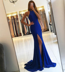 Long Jersey Backless Mermaid Prom Dresses Leg Slit