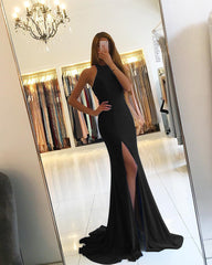 Long Jersey Backless Mermaid Prom Dresses Leg Slit