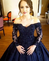 Lace Long Sleeves V-neck Off The Shoulder Satin Wedding Dresses Ball Gowns