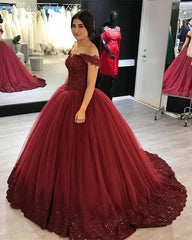 Lovely Lace Appliques V-neck Off Shoulder Tulle Maroon Wedding Dress Ball Gowns