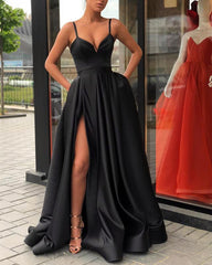 Long Satin V Neck Split Dresses Spaghetti Straps