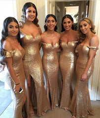 off shoulder long gold sequins mermaid bridesmaid dress with slit