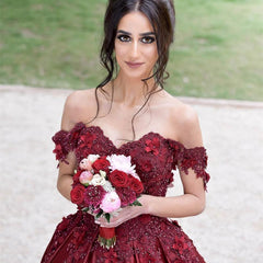 Burgundy satin ball gown wedding dresses off the shoulder