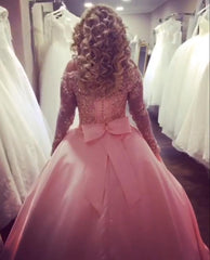 Gold Lace Long Sleeves Pink Satin Bow Back Wedding Dresses Ball Gowns