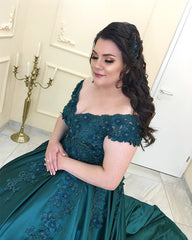 Off-The-Shoulder V-neck Satin Prom Dresses Ball Gown Lace Embroidery